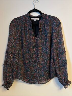 LOFT Women's Paisley Metallic Sheer Ruffle Long-Sleeve Blouse Top